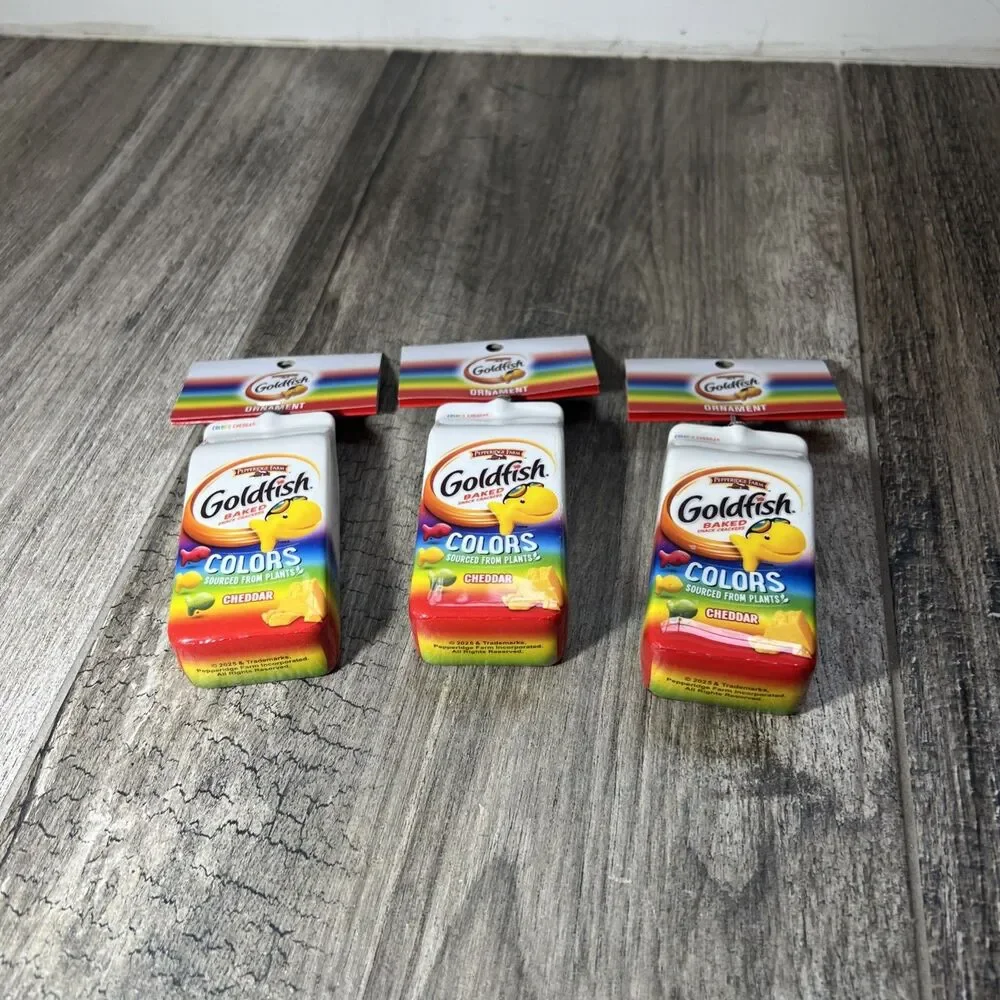 Lot of 3 Rainbow Cheddar Goldfish Bag Christmas Gift Ornament Food Crackers NWT